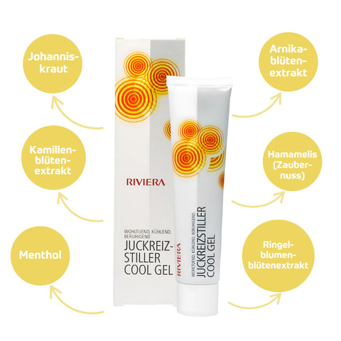 Riviera Juckreizstiller Cool Gel 35 ml Tube -  Inhaltsstoffe: Johanniskraut, Kamillenblütenextrakt, Menthol, Arnikablütenextrakt, Hamamelis (Zaubernuss), Ringelblumenblütenextrakt | Naturpräparate Dieterich 