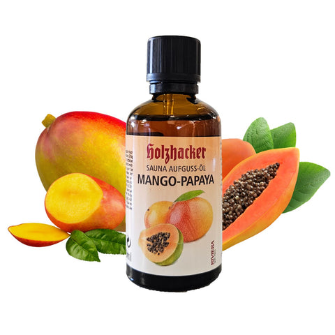 Holzhacker Sauna Aufguss-Öl mit tropischem Mango-Papaya Duft in 60ml Glasflasche | Naturpräparate Dieterich