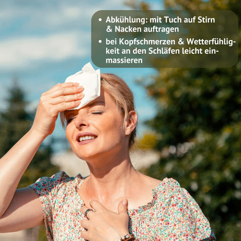 Holzhacker Latschenkiefer Franzbranntwein. Frau beim Spaziergang, die sich den Kopf hält und Schmerzen hat und Text: Abkühlung: mit Tuch auf Stirn und Nacken auftragen, bei Kopfschmerzen & Wetterfühligkeit an den Schläfen leicht einmassieren.  | Naturpräparate Dieterich