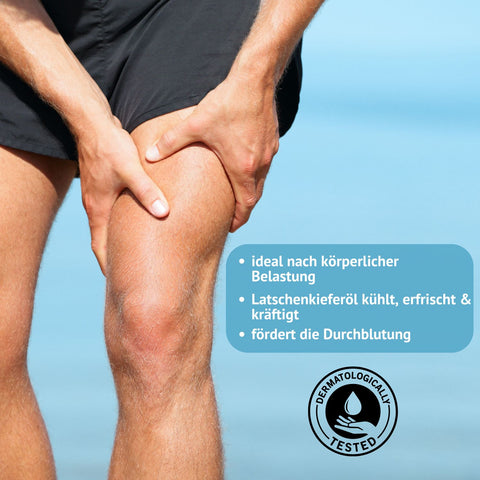Holzhacker Latschenkiefer Franzbranntwein. Mann beim Joggen mit schmerzendem Oberschenkel und Text: Ideal nach körperlicher Belastung, Latschenkieferöl kühlt, erfrischt und kräftigt, fördert die Durchblutung | Naturpräparate Dieterich