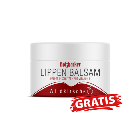 Holzhacker Lippenbalsam Wildkirsche 5 ml Tiegel, 
Lippenpflege mit Wildkirsche und Vitamin E - im Set gratis | Naturpräparate Dieterich