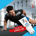 Riviera MED+ COOL Intensiv Massage Roll On 150 ml. Foto zeigt einen Mann im Fitness-Studio bei einarmigen Liegestützen und Text: Bleib Fit und Roll On. | Naturpräparate Dieterich