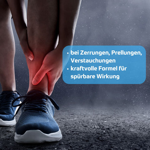 Riviera MED+  COOL  Muskel & Gelenke GEl. Foto von Mann, der sich seinen Knöchel beim Joggen hält und Text: bei Zerrungen, Prellungen, Verstauchungen, kraftvolle Formel für spürbare Wirkung. | Naturpräparate Dieterich
