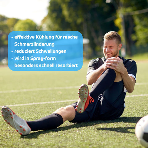Riviera MED+ COOL Muskel & Gelenke Spray. Foto von Fussballer auf dem Boden sein Knie mit schmerzverzerrtem Gesicht haltend und Text: effektive Kühlung für rasche Schmerzlinderung, reduziert Schwellungen, wird in Spray-Form besonders schnell absorbiert. | Naturpräparate Dieterich