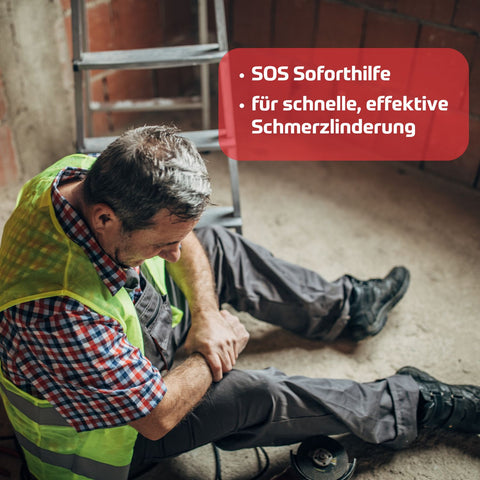 Riviera MED+ HOTCOOL Muskel & Gelenke Gel SOS Box. Foto Arbeiter, der einen schmerzenden Arm hat. Text: SOS Soforthilfe für schnelle, effektive Schmerzlinderung | Naturpräparate Dieterich