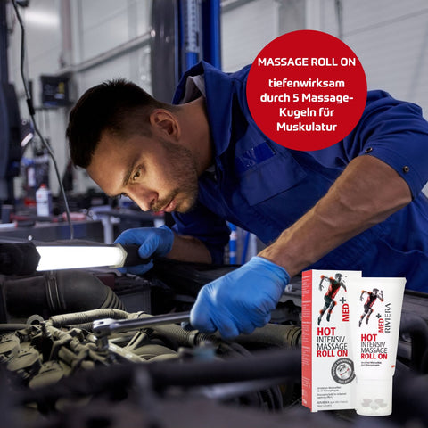 Riviera MED+ HOT Intensiv Massage Roll On 150 ml - Massage Roll On für tiefenwirksame Massage mittel 5 Massagekugeln am Kopf des Roll On. Foto mit Roll On und Automechaniker über einen Motor gebäugt. | Naturpräparate Dieterich