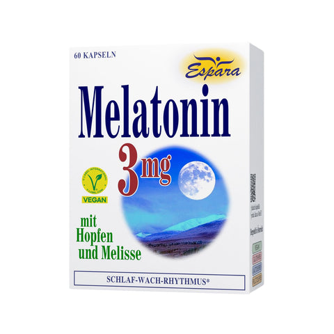 Espara Melatonin 3 mg Kapseln 60 Stück veganes Nahrungsergänzungsmittel mit Hopfen und Melisse in weißer Faltschachtel mit blauer Schrift und Mondlandschaft unterstützt natürlichen Schlaf Wach Rhythmus erleichtert Einschlafen und fördert erholsamen Schlaf hochwertige pflanzliche Kapseln für innere Ruhe und Wohlbefinden. Naturpräparate Dieterich