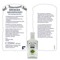 Riviera Melissengeist 250 ml Glasflasche - enthält ätherische Öle aus 13 erlesenen Kräutern. Foto des Etiketts der Rückseite mit Beschreibung, Inhaltsstoffen und empfohlener Tagesdosis | Naturpräparate Dieterich