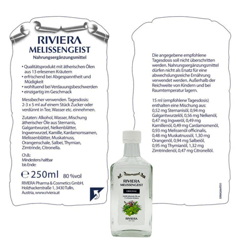 Riviera Melissengeist 250 ml Glasflasche - enthält ätherische Öle aus 13 erlesenen Kräutern. Foto des Etiketts der Rückseite mit Beschreibung, Inhaltsstoffen und empfohlener Tagesdosis | Naturpräparate Dieterich