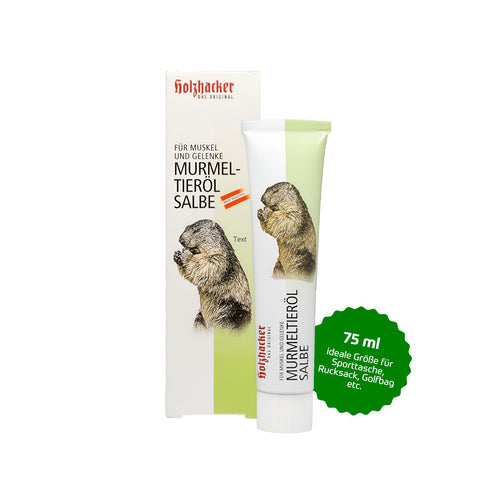 Holhacker Murmeltieröl Tube mit 75 ml Inhalt mit Murmeltier und Umkarton. Grüner Button mit Text: 75 ml, ideale Größe für Sporttasche, Rucksack, Golfbag etc. | Naturpräparate Dieterich