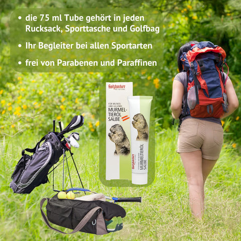 Holhacker Murmeltieröl Salbe Tube mit 75 ml Inhalt mit Murmeltier wandernder Frau mit Rucksack, Tennis und Golf-Equipment und Text: die 75 ml Tube gehört in jeden Rucksack, Sporttasche und Golfbag. Ihr Begleiter bei allen Sportarten, frei von Parabenen und Paraffinen.| Naturpräparate Dieterich