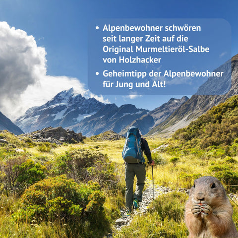 Holhacker Murmeltieröl Salbe  mit Murmeltier und Wanderer auf Bergtour Text: Alpenbewohner schwören seit langer Zeit auf die Original Murmeltieröl-Salbe von Holzhacker. Geheimtipp der Alpenbewohner für Jung und Alt.| Naturpräparate Dieterich
