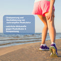 Holzhacker Muskel Gel Arnika Methol  - Frau mit Oberschenkelschmerz beim Joggen am Strand - Text: Entspannung und Revitaliserung von verkrampfter Muskulatur, natürliche Wirkstoffe gegen Muskelkater und Verspannung | Naturpräparate Dieterich