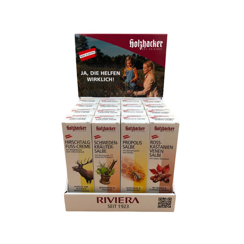 Holzhacker Cremen Bestseller Display – je 4 × Ringelblume, Schwedenkräuter, Propolis & Hirschtalg
