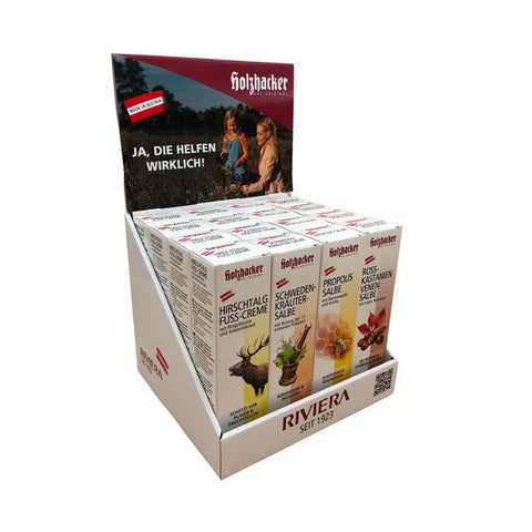 Holzhacker Cremen Bestseller Display – je 4 × Ringelblume, Schwedenkräuter, Propolis & Hirschtalg