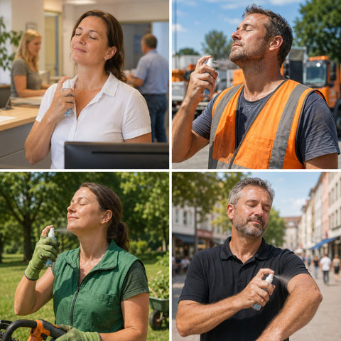 Vierteilige Fotocollage: Eine Mitarbeiterin im Bürgerbüro, ein Bauhofmitarbeiter, eine Grünflächenpflegerin und ein Außendienstmitarbeiter sprühen sich an einem heißen Sommertag ein kühlendes Körperspray Riviera A/C 2GO Cooling Body Spray auf Hals, Gesicht oder Unterarm. Alle wirken sichtbar erleichtert und erfrischt; die Hintergründe zeigen authentische kommunale Arbeitsumgebungen.