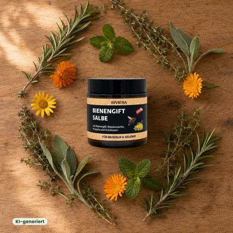 Riviera Bienengiftsalbe von oben, umgeben von Rosmarin, Thymian, Salbei, Ringelblume und Arnika | Naturpräparate Dieterich