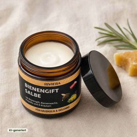 Geöffneter Tiegel Riviera Bienengiftsalbe mit sichtbarer Salbe, daneben Deckel, Bienenwachs und Rosmarin | Naturpräparate Dieterich
