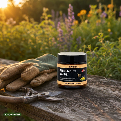 Riviera Bienengiftsalbe auf einer Gartenbank neben Gartenhandschuhen und Gartenschere im Abendlicht | Naturpräparate Dieterich 