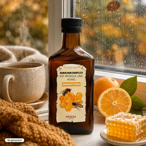 Flasche Riviera Immunkomplex mit Propolis und Honig auf einer Fensterbank mit Teetasse, Wolldecke und Orangen bei Herbstwetter | Naturpräparate Dieterich
