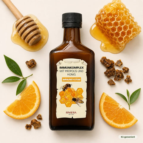 Flasche Riviera Immunkomplex mit Propolis und Honig von oben mit Honigwabe, Honiglöffel, Orangen und Propolis auf beigem Untergrund | Naturpräparate Dieterich