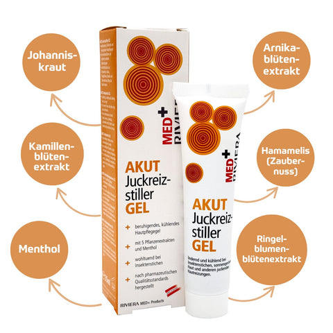 Riviera MED+ Akut Juckreizstiller Gel in 35 ml Tube -  Inhaltsstoffe: Johanniskraut, Kamillenblütenextrakt, Menthol, Arnikablütenextrakt, Hamamelis (Zaubernuss), Ringelblumenblütenextrakt | Naturpräparate Dieterich 