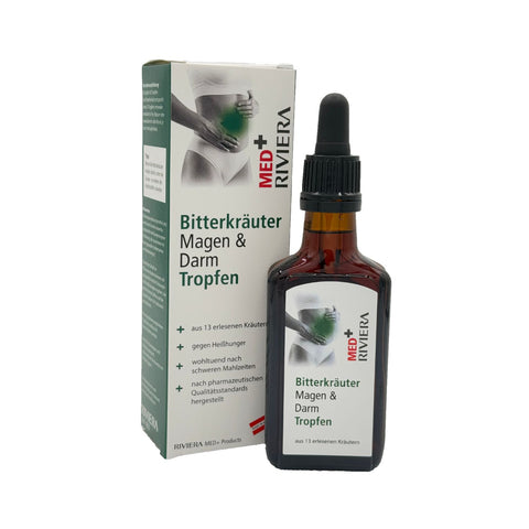 Riviera MED+ Bitterkräuter Magen & Darm Tropfen 50 ml – Nahrungsergänzung mit 13 Kräutern zur Unterstützung der Verdauung, in Braunglasflasche mit Pipette. Naturpräparate Dieterich
