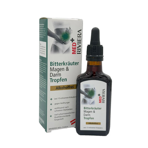Riviera MED+ Bitterkräuter Magen & Darm Tropfen alkoholfrei 50 ml – Nahrungsergänzung mit 13 Kräutern zur Unterstützung der Verdauung, in Braunglasflasche mit Pipette. Naturpräparate Dieterich