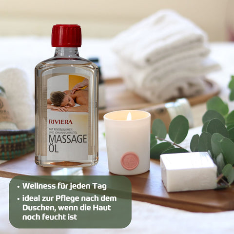 Riviera Massage Öl mit Ringelblumen und Johanniskrautöl 250 ml in Kunststoff-Flasche. Foto mit Wellness-Utensilien und Text: Wellness für jeden Tag, ideal zur Pflege nach dem Duschen, wenn die Haut noch feucht ist. | Naturpräparate Dieterich