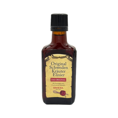 Braune Glasflasche des Original Schweden Kräuter Elixiers 50 ml von Riviera. Auf dem Etikett im Pergamentstil stehen Hinweise auf das „Original“, hergestellt mit Auszügen aus 13 erlesenen Kräutern seit 1923. | Naturpräparate Dieterich