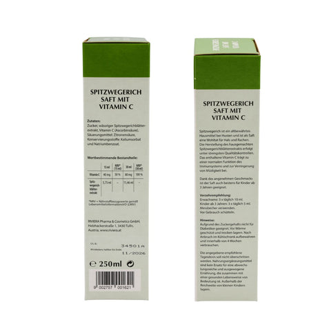 Riviera Spitzwegerich Saft mit Vitamin C 250 mlm Seitenansichten der Faltschachtel mit Nährwerttabelle, Inhaltsstoffen (Spitzwegerichblätterextrakt, Vitamin C, Zucker, Zitronensäure, Kaliumsorbat, Natriumbenzoat) und Verzehrempfehlung. Traditionelles Hausmittel zur Unterstützung der Atemwege und Immunabwehr. | Naturpräparate Dieterich