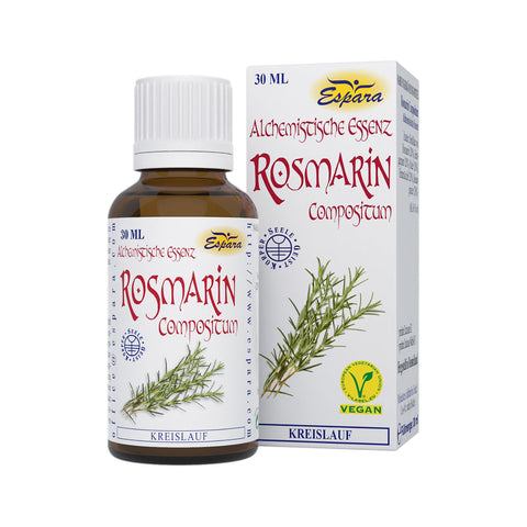 Espara Rosmarin Compositum Alchemistische Essenz 30 ml veganes Naturpräparat nach Paracelsus in brauner Glasflasche mit weißem Schraubverschluss und passender Faltschachtel mit Abbildung eines Rosmarinzweigs unterstützt Kreislauf Energie und Vitalität hochwertige pflanzliche Essenz nach alchemistischem Prinzip hergestellt für Gesundheit und Wohlbefinden. Naturpräparate Dieterich