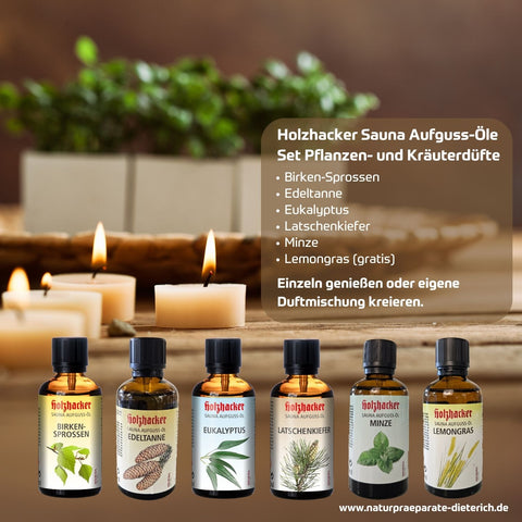Holzhakcer Sauna Aufguss-Öl-Set Pflanzen- u. Kräuterdüfte. 6 ätherische Öle: Birkensprossen, Edeltanne, Eukalyptus, Latschenkiefer, Minze und Lemongras | Naturpräparate Dieterich