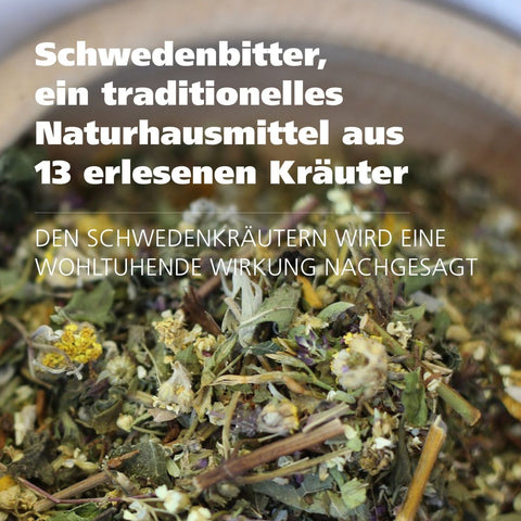 Original Riviera Schwedenbitter - Text vor Bild mit Kräutermischung - Schwedenbitter ein traditionelles Naturhausmittel aus 13 erlesenen Kräutern - den Schwedenkräutern wird eine wohltuende Wirkung nachgesagt. | Naturpräparate Dieterich