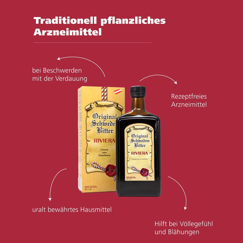 Original Riviera Schwedenbitter in Glasflasche mit Umkarton und Text: Traditionell pflanzliches Arzneimittel, bei Beschwerden mit der Verdauung, rezeptfreies Arzneimittel, uralt bewährtes Hausmittel, hilft bei Völlegefühl.| Naturpräparate Dieterich