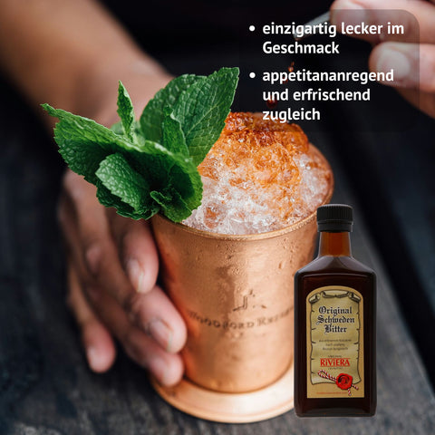 Original Riviera Schwedenbitter in Glasflasche mit Kupferbecher mit Mixgetränk und Minze. Text: einzigartig lecker im Geschmack, appetitnregend und erfrischend zugleich. | Naturpräparate Dieterich