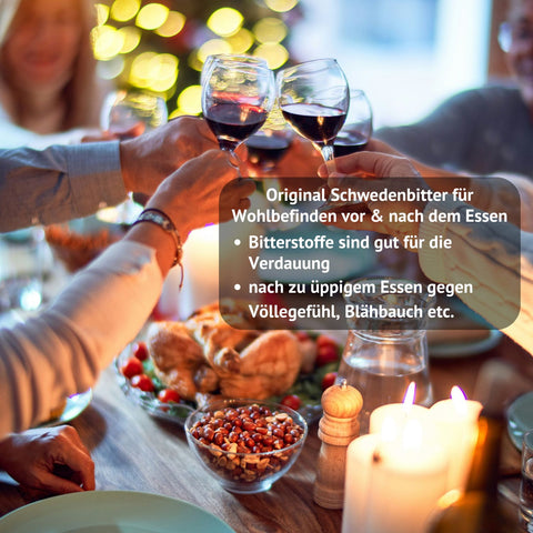 Original Riviera Schwedenbitter  - Abbildung gedeckter Tisch mit Essen und Menschen, die sich mit Schwedenbitter zuprosten. Text Original Schwedenbitter für Wohlbefinden vor und nach dem Essen. Bitterstoffe sind gut für die Verdauung, nach zu üppigem Essen gegen Völlegefühl, Blähungen etc.| Naturpräparate Dieterich