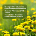 Riviera Schweden Kräuter Elixier alkoholfrei - 13 ausgewählte Kräuter des traditionellen Schwedenbitters. Die sanfte Alternative ohne Alkohol. Natürliches Hausmittel nach traditioneller Rezeptur. Foto Wiese mit Löwenzahn und Text. | Naturpräparate Dieterich