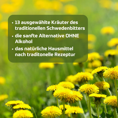 Riviera Schweden Kräuter Elixier alkoholfrei - 13 ausgewählte Kräuter des traditionellen Schwedenbitters. Die sanfte Alternative ohne Alkohol. Natürliches Hausmittel nach traditioneller Rezeptur. Foto Wiese mit Löwenzahn und Text. | Naturpräparate Dieterich