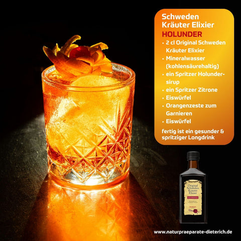 Riviera Schweden Kräuter Elixier - gesundes Longdrink Rezept mit  Holundersirup, Zitrone, Orangenzeste,  Mineralwasser und Eiswürfeln | Naturpräparate Dieterich