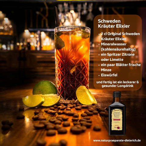 Riviera Schwedenbitter Elixier - gesundes Longdrink Rezept mit Zitrone, Minze,  Mineralwasser und Eiswürfeln | Naturpräparate Dieterich