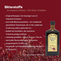 Produktgrafik Bitterstoffe: Flasche Original Schweden Bitter Riviera mit Auszügen aus 13 erlesenen Kräutern, 100 Jahre Tradition, hergestellt in Österreich, auf dunkelrotem Hintergrund mit Kräuterblüten | Naturpräparate Dieterich