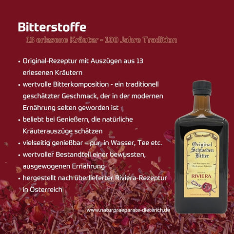 Produktgrafik Bitterstoffe: Flasche Original Schweden Bitter Riviera mit Auszügen aus 13 erlesenen Kräutern, 100 Jahre Tradition, hergestellt in Österreich, auf dunkelrotem Hintergrund mit Kräuterblüten | Naturpräparate Dieterich