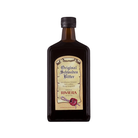 Riviera Original Schwedenbitter nach jahrhundertealtem Rezept mit 13 erlesenen Kräutern - in 50, 100, 250, 500 und 1000ml Glasflasche. Foto Original Schwedenbitter in Glasflasche. | Naturpräparate Dieterich