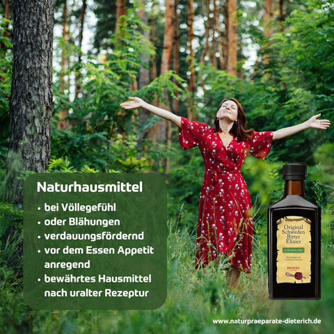 Riviera Original Schwedenbitter Elixier alkoholfrei - Naturhausmittel nach uralter Rezeptur: bei Völlegefühl, Blähungen, verdauungsfördernd, vor dem Essen appetitanregend. Foto mit Frau im Wald und Schweden Bitter Elixier Flasche. | Naturpräparate Dieterich