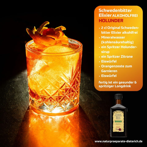 Riviera Schwedenbitter Elixier alkoholfrei - gesundes Longdrink Rezept mit Holundersirup, Mineralwasser, Zitrone, Orangenzesten und Eiswürfeln | Naturpräparate Dieterich