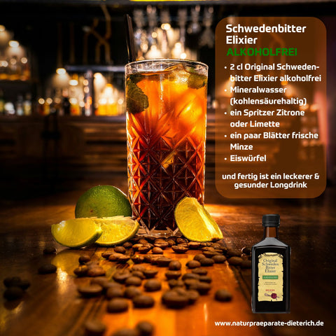 Riviera Schwedenbitter Elixier alkoholfrei - gesundes Longdrink Rezept mit Zitrone, Minze,  Mineralwasser und Eiswürfeln | Naturpräparate Dieterich