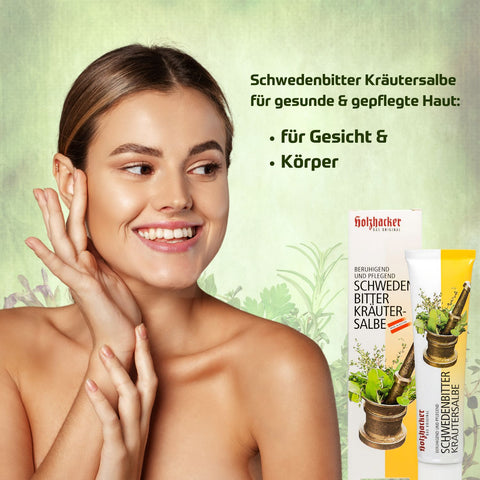 Holzhacker Schwedenbitter Kräutersalbe 75 ml Tube - für gesunde & gepflegte Haut - für Gesicht & Körper. Foto Frau, die sich mit Schwedenbitter Kräutersalbe das Gesicht eincremt. | Naturpräparate Dieterich