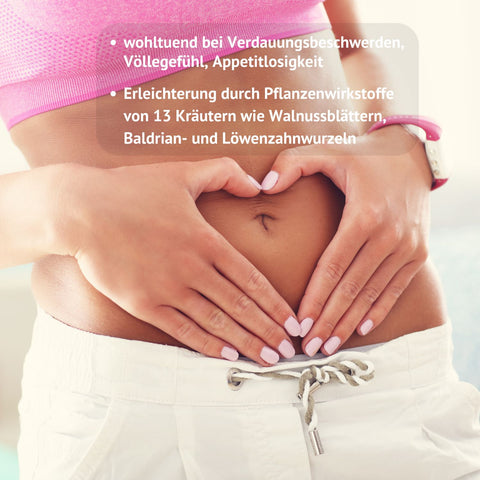 Original Riviera Schwedenbitter  - Abbildung Bauch mit Text: wohltuend bei Verdauungsbeschwerden, Völlegefühl, Appetitlosigkeit,  Erleichterung durch Pflanzenwirkstoffe von 13 Kräutern wie Walnussblättern, Baldrian- und Löwenzahnwurzel. | Naturpräparate Dieterich