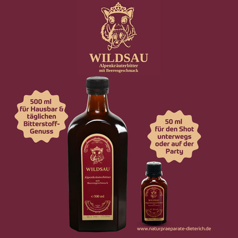 Wildsau Alpenkräuterbitter - 500ml für die Hausbar und täglichen Bitterstoffgenuss und 50ml als Shot unterwegs oder auf der Party | Naturpräparate Dieterich